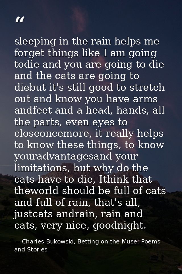 sleeping in the rain helps me forget things like I am going todie and you are going to die and the cats are going to die — Charles Bukowski, Betting on the Muse: Poems and Stories