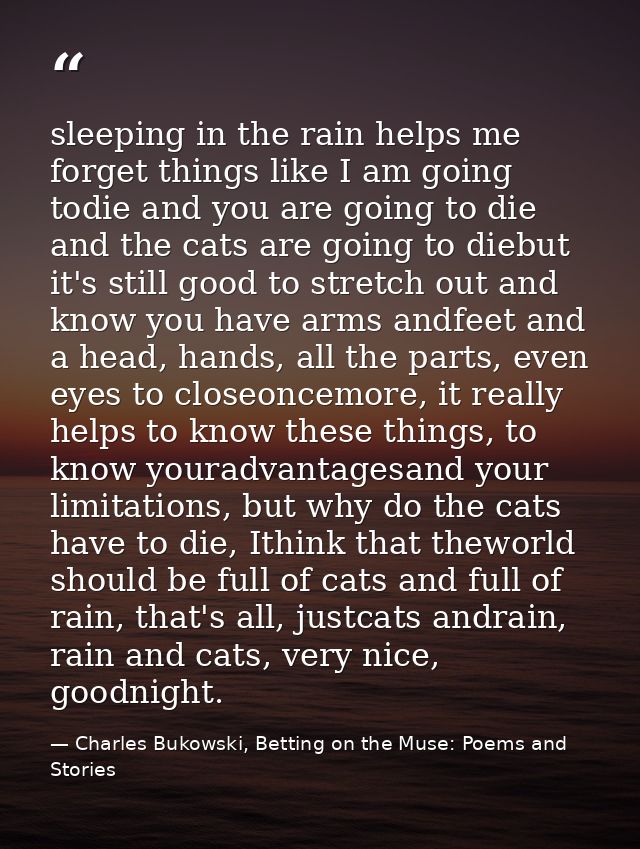 sleeping in the rain helps me forget things like I am going todie and you are going to die and the cats are going to die — Charles Bukowski, Betting on the Muse: Poems and Stories