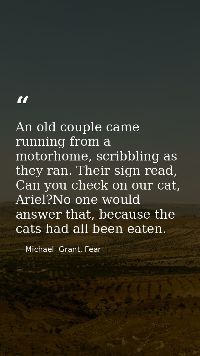 An old couple came running from a motorhome, scribbling as they ran. Their sign read, Can you check on our cat, Ariel?No — Michael  Grant, Fear