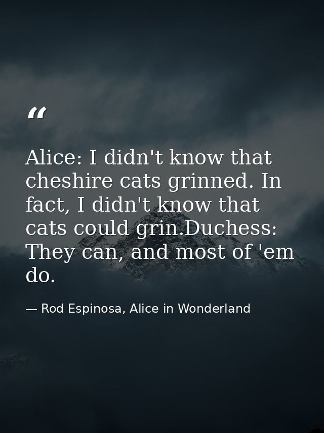 Alice: I didn't know that cheshire cats grinned. In fact, I didn't know that cats could grin.Duchess: They can, and most — Rod Espinosa, Alice in Wonderland