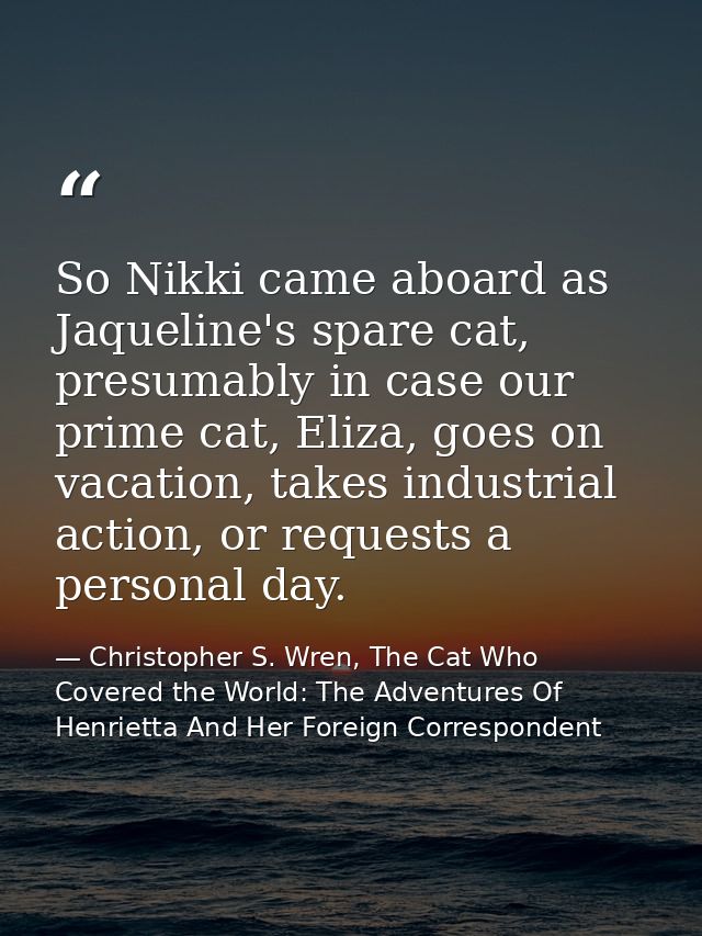 So Nikki came aboard as Jaqueline's spare cat, presumably in case our prime cat, Eliza, goes on vacation, takes industri — Christopher S. Wren, The Cat Who Covered the World: The Adventures Of Henrietta And Her Foreign Correspondent