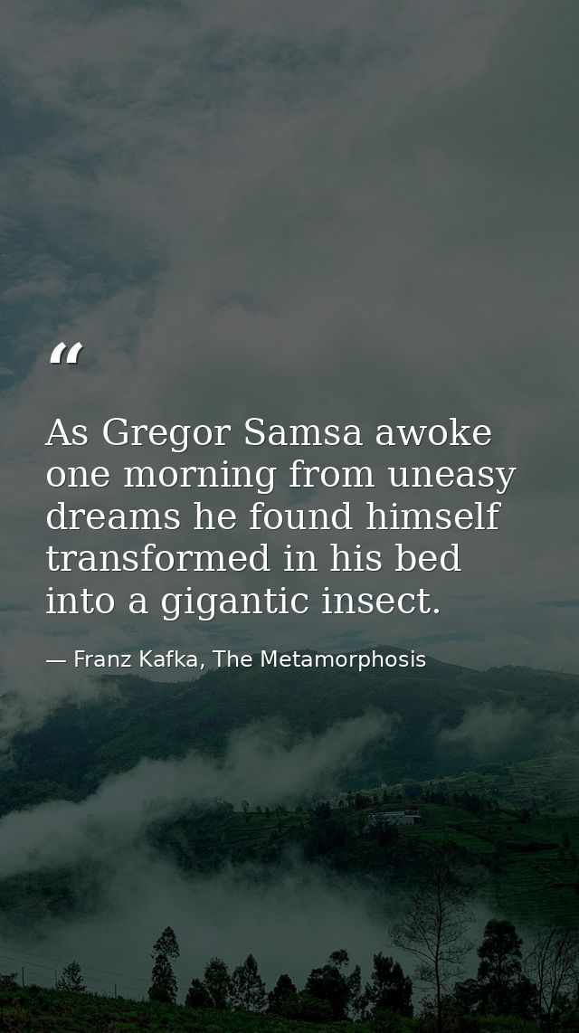 As Gregor Samsa awoke one morning from uneasy dreams he found himself transformed in his bed into a gigantic insect. — Franz Kafka, The Metamorphosis
