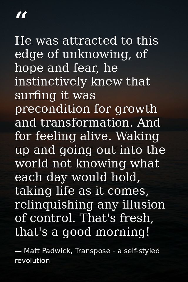 He was attracted to this edge of unknowing, of hope and fear, he instinctively knew that surfing it was precondition for — Matt Padwick, Transpose - a self-styled revolution
