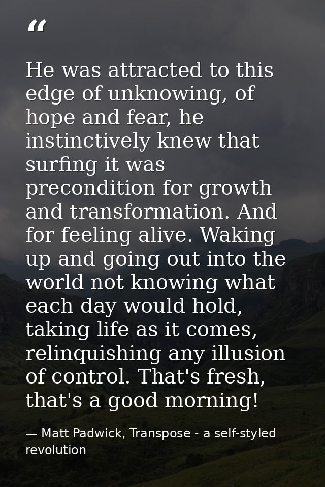 He was attracted to this edge of unknowing, of hope and fear, he instinctively knew that surfing it was precondition for — Matt Padwick, Transpose - a self-styled revolution