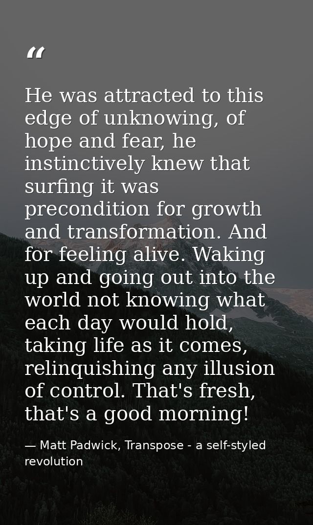 He was attracted to this edge of unknowing, of hope and fear, he instinctively knew that surfing it was precondition for — Matt Padwick, Transpose - a self-styled revolution