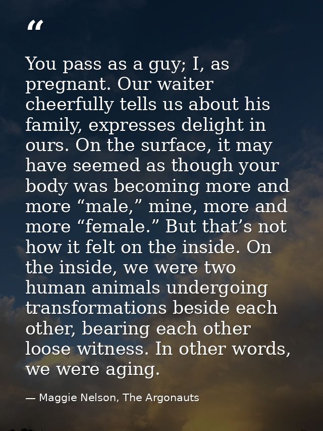 You pass as a guy; I, as pregnant. Our waiter cheerfully tells us about his family, expresses delight in ours. On the su — Maggie Nelson, The Argonauts