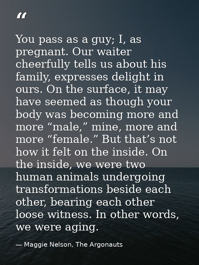 You pass as a guy; I, as pregnant. Our waiter cheerfully tells us about his family, expresses delight in ours. On the su — Maggie Nelson, The Argonauts