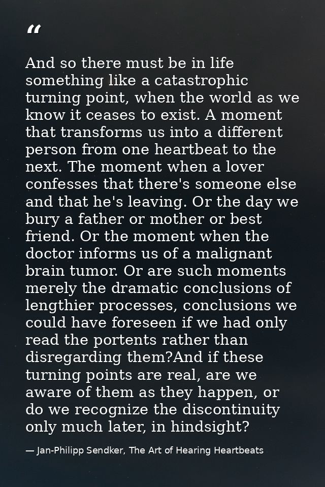 And so there must be in life something like a catastrophic turning point, when the world as we know it ceases to exist.  — Jan-Philipp Sendker, The Art of Hearing Heartbeats