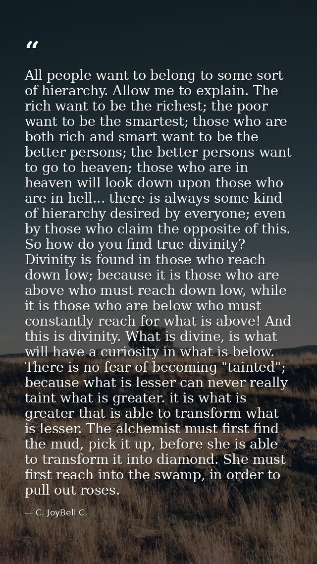 All people want to belong to some sort of hierarchy. Allow me to explain. The rich want to be the richest; the poor want — C. JoyBell C.