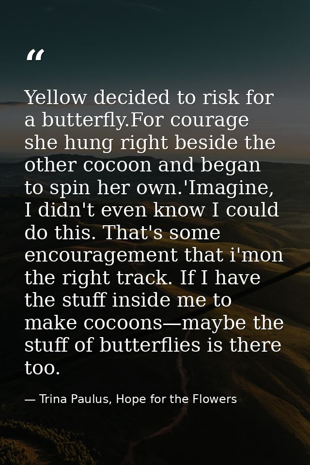 Yellow decided to risk for a butterfly.For courage she hung right beside the other cocoon and began to spin her own.'Ima — Trina Paulus, Hope for the Flowers
