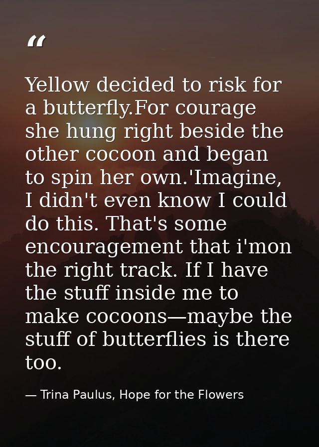 Yellow decided to risk for a butterfly.For courage she hung right beside the other cocoon and began to spin her own.'Ima — Trina Paulus, Hope for the Flowers