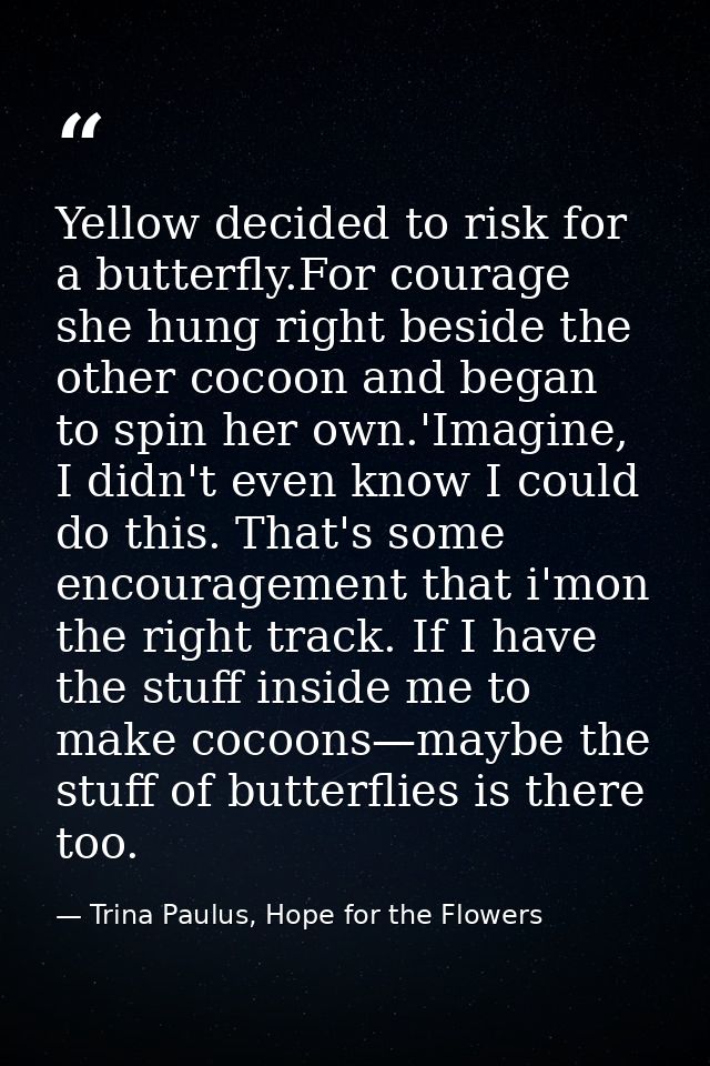 Yellow decided to risk for a butterfly.For courage she hung right beside the other cocoon and began to spin her own.'Ima — Trina Paulus, Hope for the Flowers