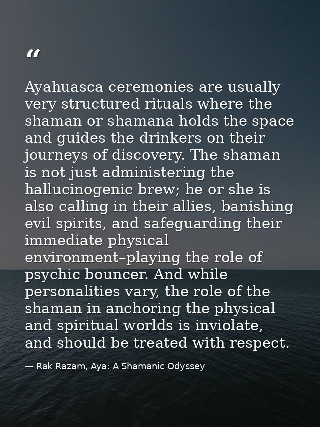 Ayahuasca ceremonies are usually very structured rituals where the shaman or shamana holds the space and guides the drin — Rak Razam, Aya: A Shamanic Odyssey