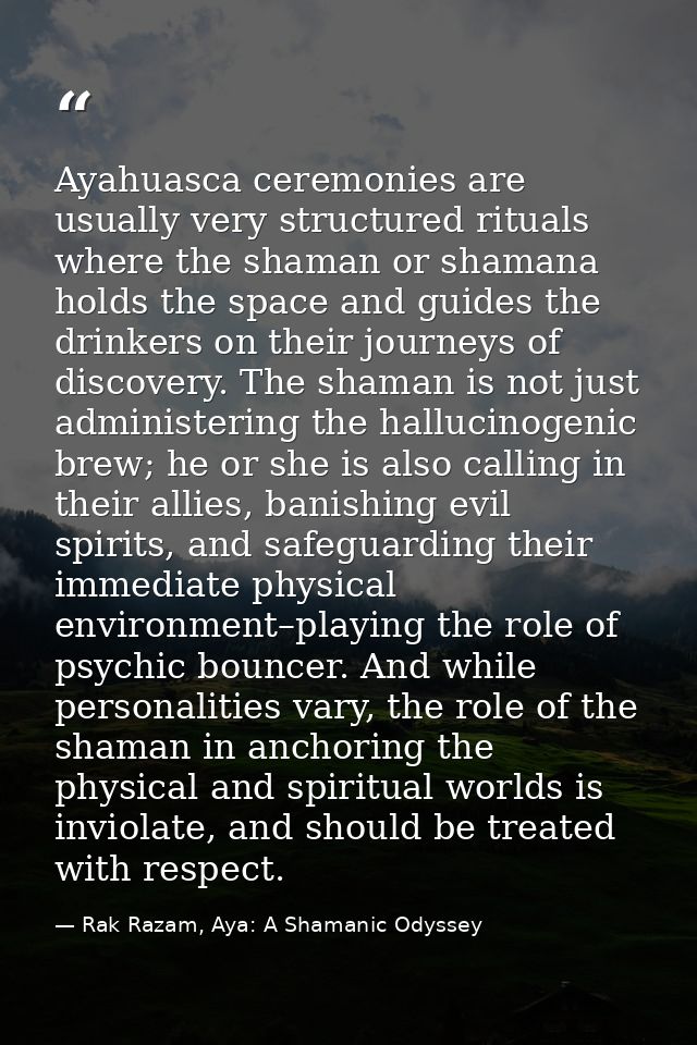 Ayahuasca ceremonies are usually very structured rituals where the shaman or shamana holds the space and guides the drin — Rak Razam, Aya: A Shamanic Odyssey