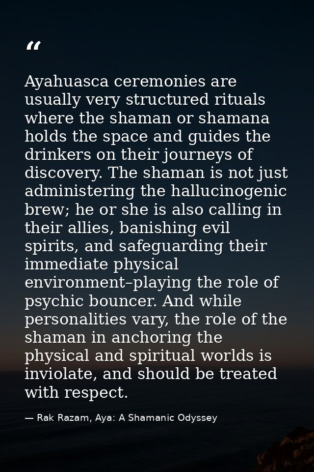 Ayahuasca ceremonies are usually very structured rituals where the shaman or shamana holds the space and guides the drin — Rak Razam, Aya: A Shamanic Odyssey