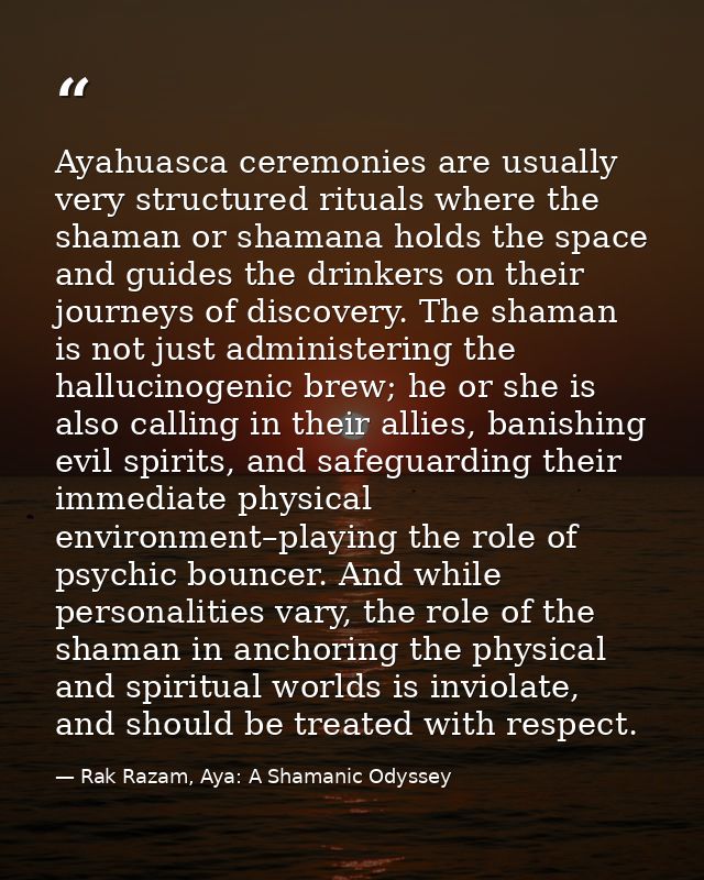 Ayahuasca ceremonies are usually very structured rituals where the shaman or shamana holds the space and guides the drin — Rak Razam, Aya: A Shamanic Odyssey
