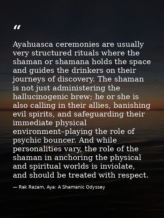 Ayahuasca ceremonies are usually very structured rituals where the shaman or shamana holds the space and guides the drin — Rak Razam, Aya: A Shamanic Odyssey