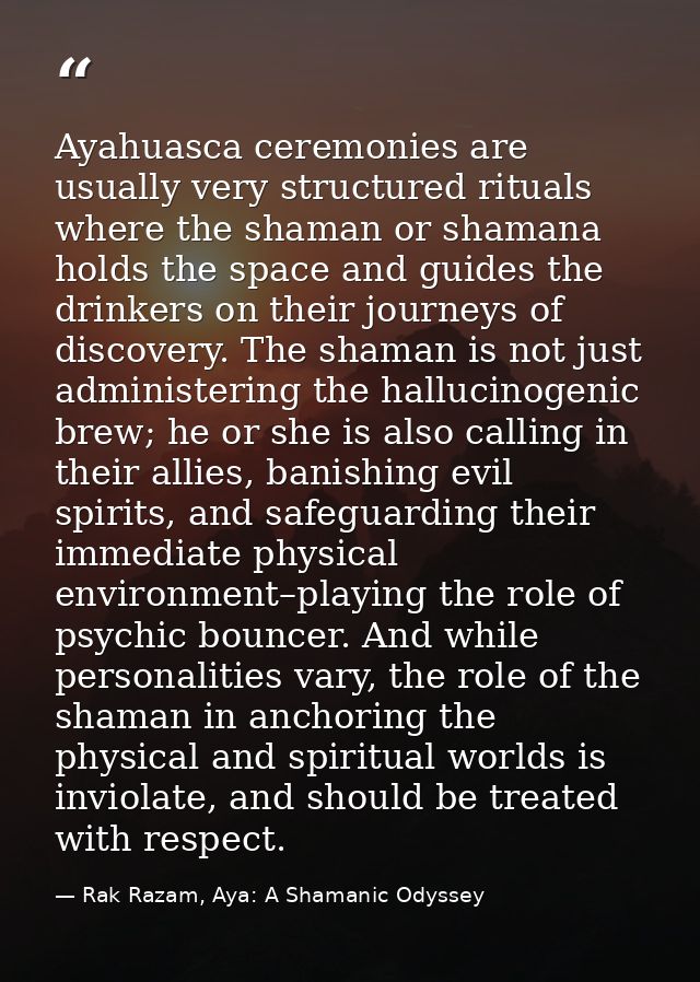 Ayahuasca ceremonies are usually very structured rituals where the shaman or shamana holds the space and guides the drin — Rak Razam, Aya: A Shamanic Odyssey