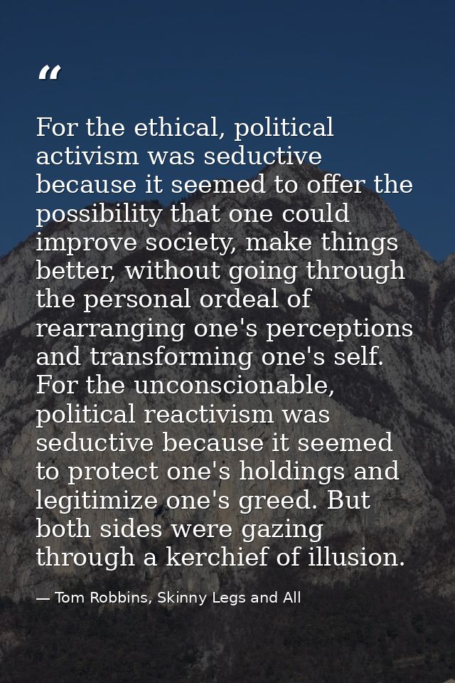 For the ethical, political activism was seductive because it seemed to offer the possibility that one could improve soci — Tom Robbins, Skinny Legs and All