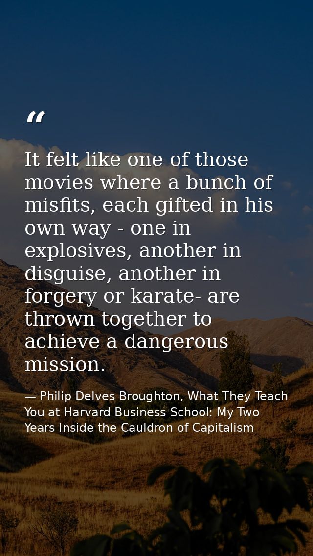 It felt like one of those movies where a bunch of misfits, each gifted in his own way - one in explosives, another in di — Philip Delves Broughton, What They Teach You at Harvard Business School: My Two Years Inside the Cauldron of Capitalism