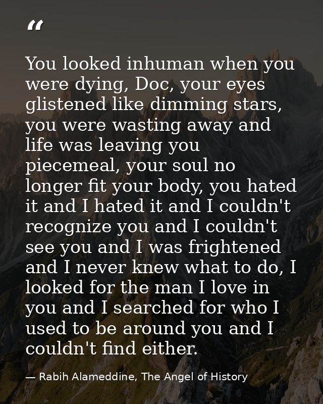 You looked inhuman when you were dying, Doc, your eyes glistened like dimming stars, you were wasting away and life was  — Rabih Alameddine, The Angel of History