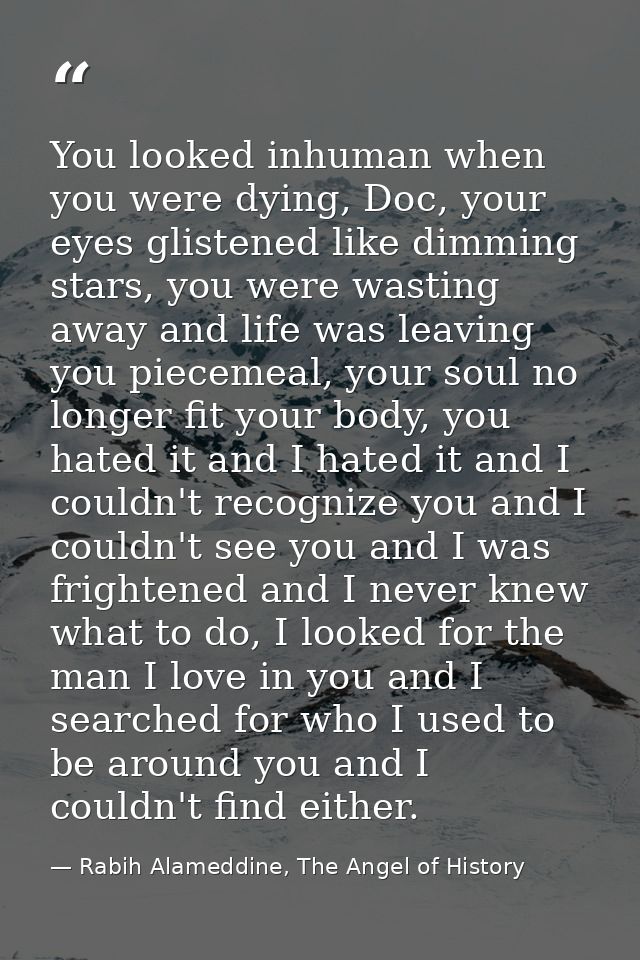 You looked inhuman when you were dying, Doc, your eyes glistened like dimming stars, you were wasting away and life was  — Rabih Alameddine, The Angel of History