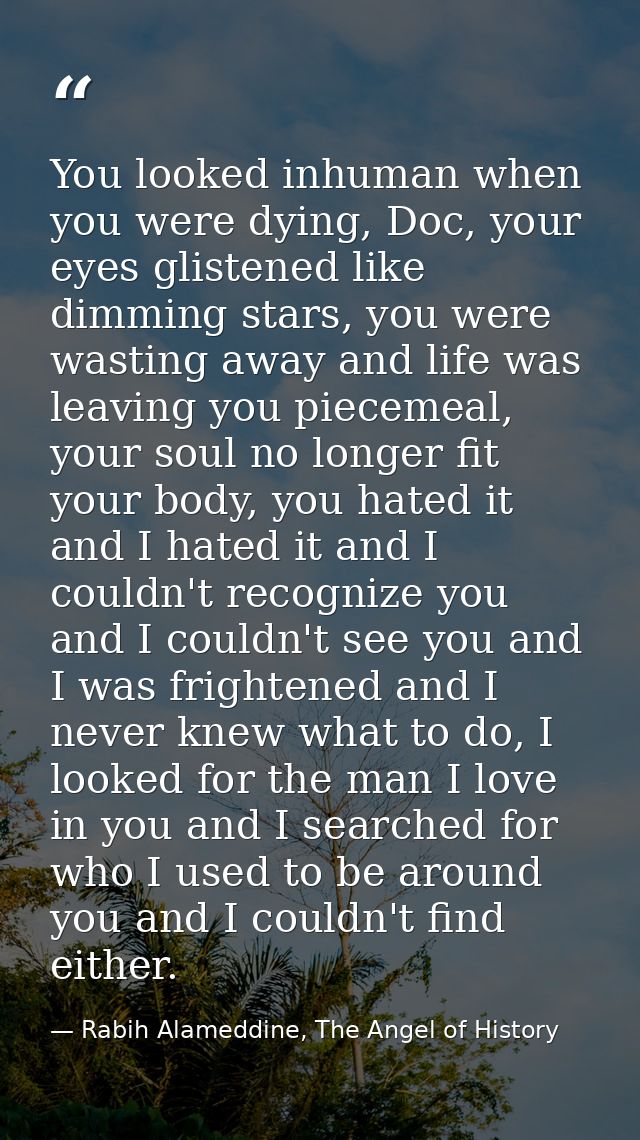You looked inhuman when you were dying, Doc, your eyes glistened like dimming stars, you were wasting away and life was  — Rabih Alameddine, The Angel of History