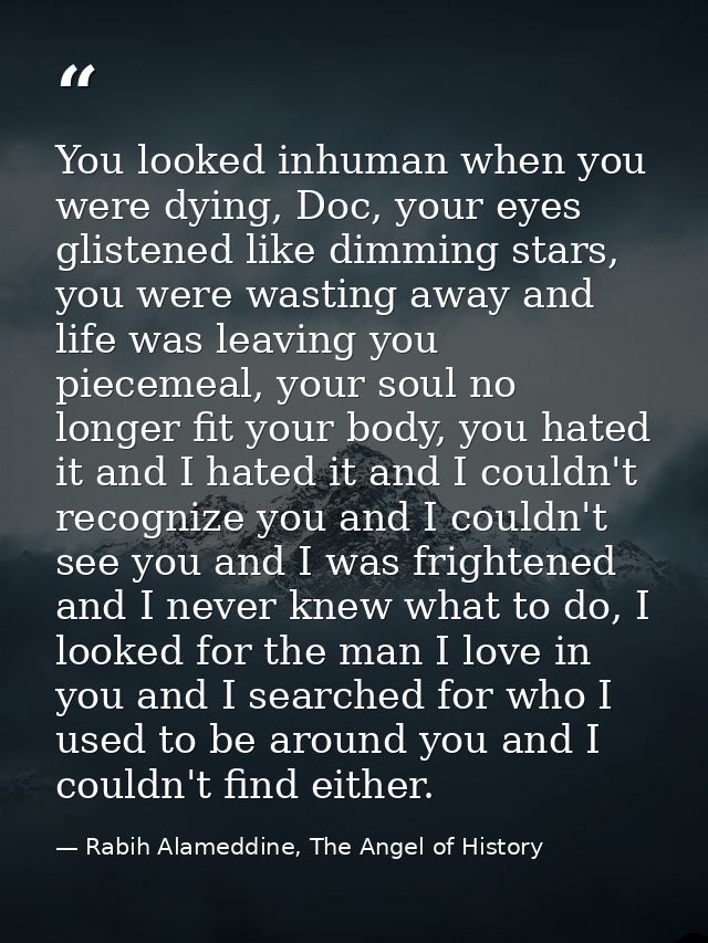 You looked inhuman when you were dying, Doc, your eyes glistened like dimming stars, you were wasting away and life was  — Rabih Alameddine, The Angel of History