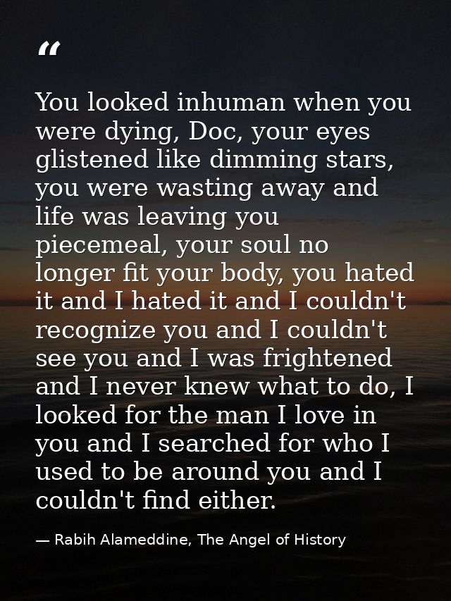 You looked inhuman when you were dying, Doc, your eyes glistened like dimming stars, you were wasting away and life was  — Rabih Alameddine, The Angel of History