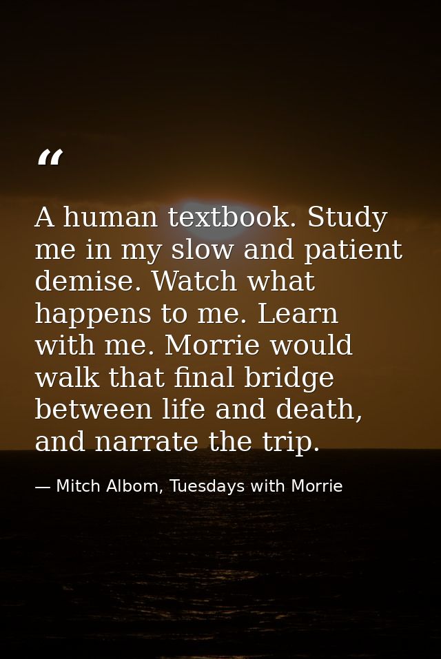 A human textbook. Study me in my slow and patient demise. Watch what happens to me. Learn with me. Morrie would walk tha — Mitch Albom, Tuesdays with Morrie