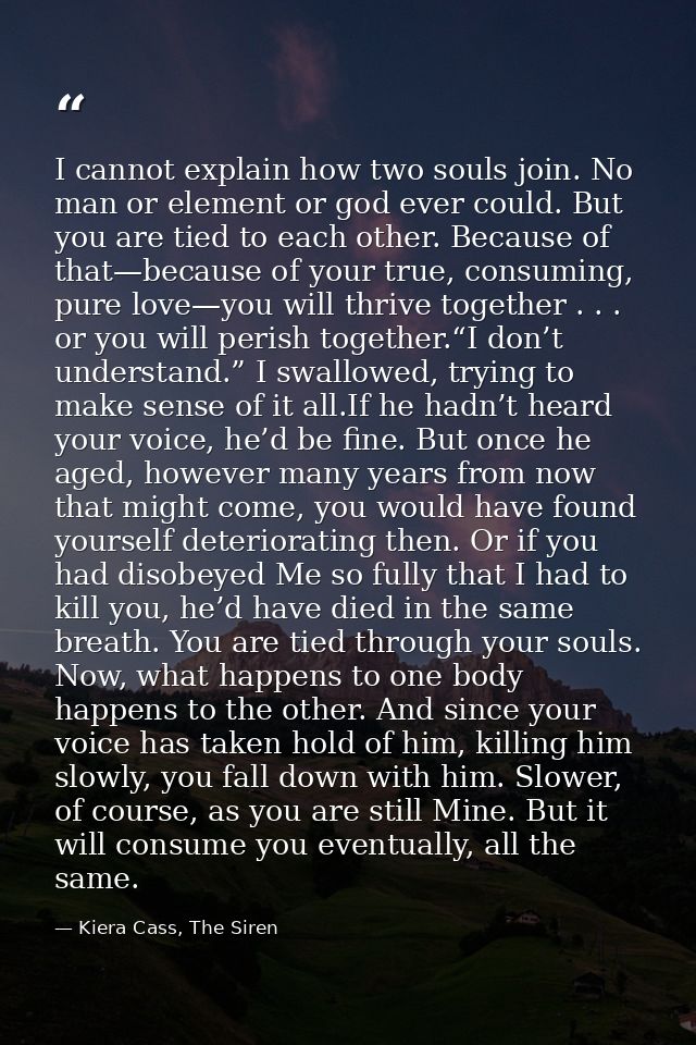 I cannot explain how two souls join. No man or element or god ever could. But you are tied to each other. Because of tha — Kiera Cass, The Siren