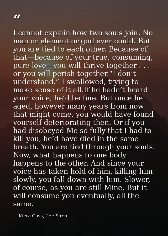I cannot explain how two souls join. No man or element or god ever could. But you are tied to each other. Because of tha — Kiera Cass, The Siren