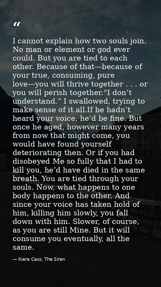 I cannot explain how two souls join. No man or element or god ever could. But you are tied to each other. Because of tha — Kiera Cass, The Siren