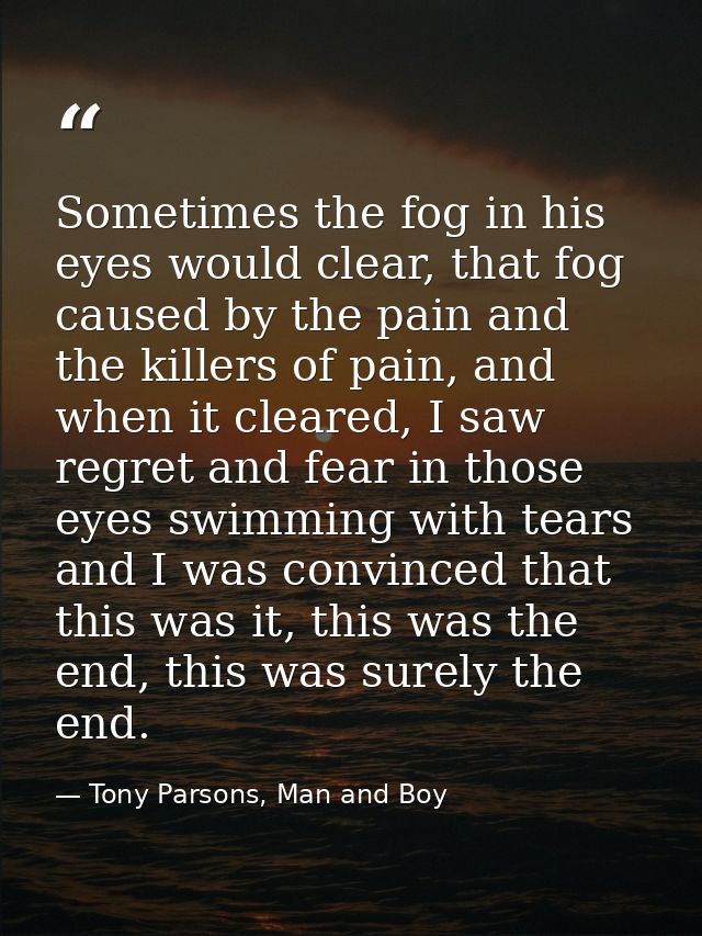 Sometimes the fog in his eyes would clear, that fog caused by the pain and the killers of pain, and when it cleared, I s — Tony Parsons, Man and Boy