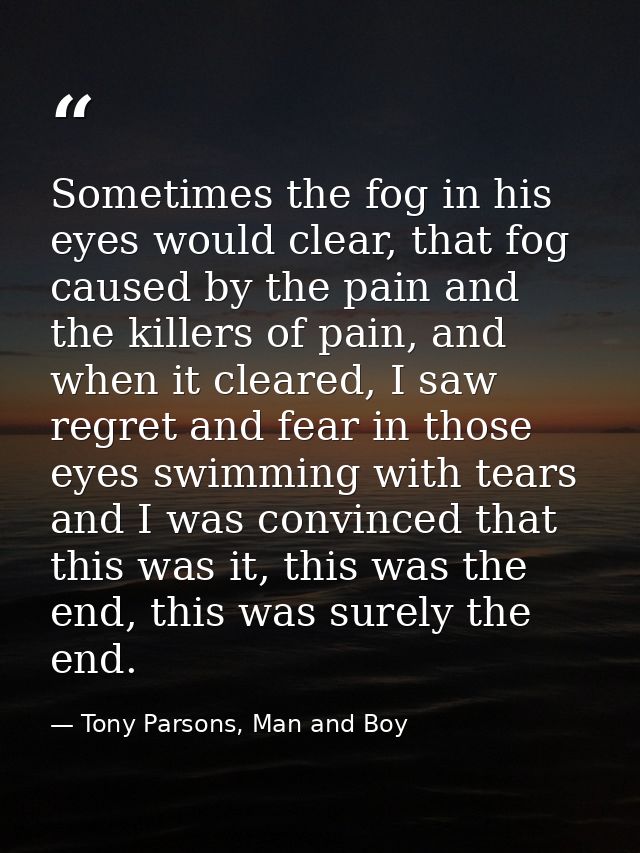 Sometimes the fog in his eyes would clear, that fog caused by the pain and the killers of pain, and when it cleared, I s — Tony Parsons, Man and Boy
