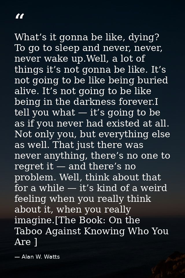 What’s it gonna be like, dying? To go to sleep and never, never, never wake up.Well, a lot of things it’s not gonna be l — Alan W. Watts