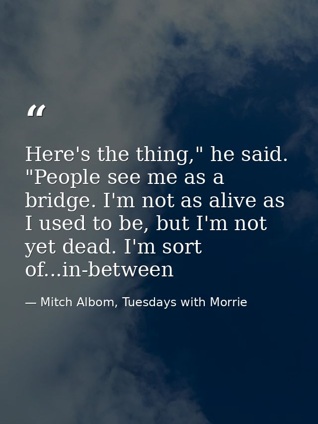 Here's the thing," he said. "People see me as a bridge. I'm not as alive as I used to be, but I'm not yet dead. I'm sort — Mitch Albom, Tuesdays with Morrie