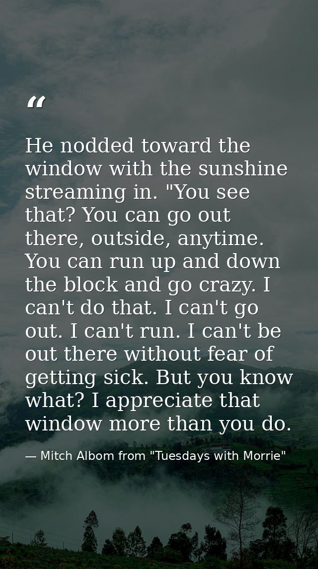 He nodded toward the window with the sunshine streaming in. "You see that? You can go out there, outside, anytime. You c — Mitch Albom from "Tuesdays with Morrie"
