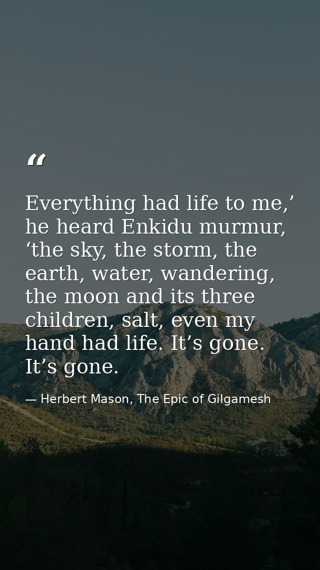 Everything had life to me,’ he heard Enkidu murmur, ‘the sky, the storm, the earth, water, wandering, the moon and its t — Herbert Mason, The Epic of Gilgamesh