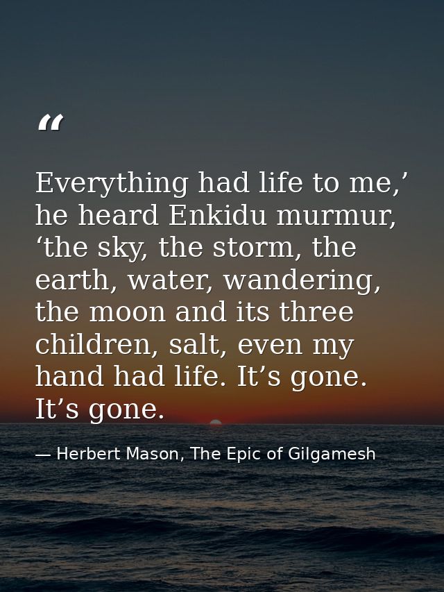 Everything had life to me,’ he heard Enkidu murmur, ‘the sky, the storm, the earth, water, wandering, the moon and its t — Herbert Mason, The Epic of Gilgamesh