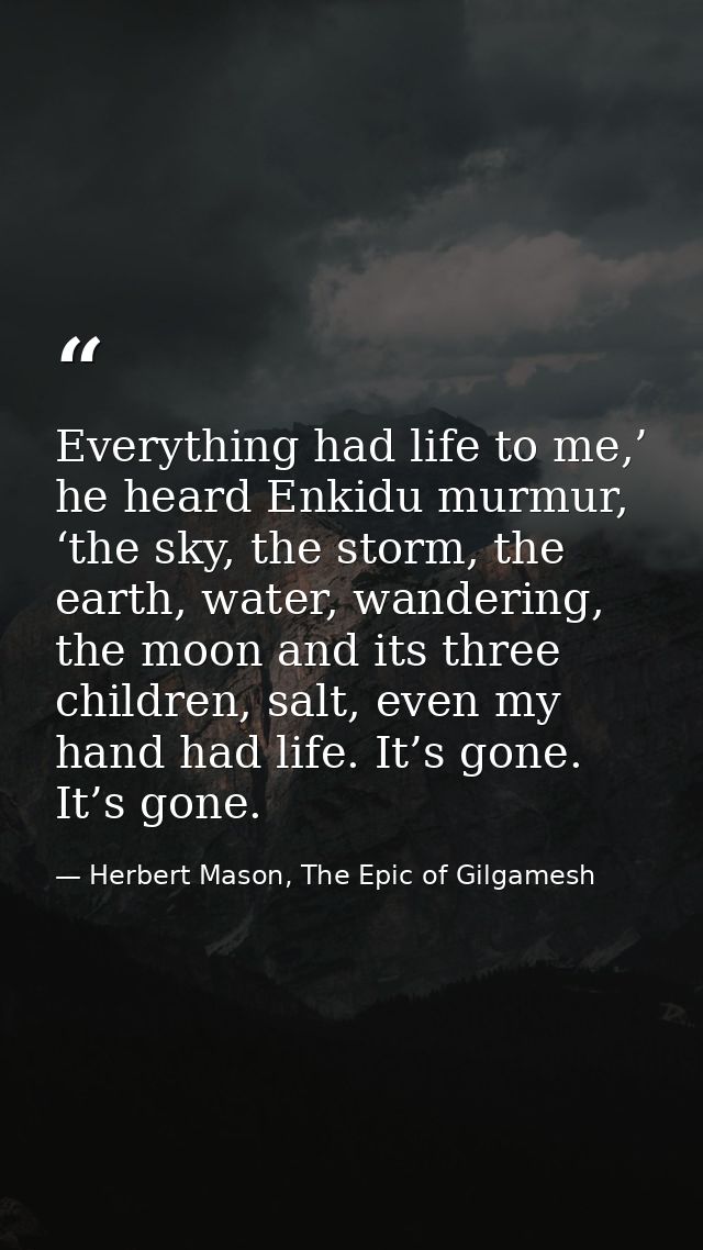 Everything had life to me,’ he heard Enkidu murmur, ‘the sky, the storm, the earth, water, wandering, the moon and its t — Herbert Mason, The Epic of Gilgamesh