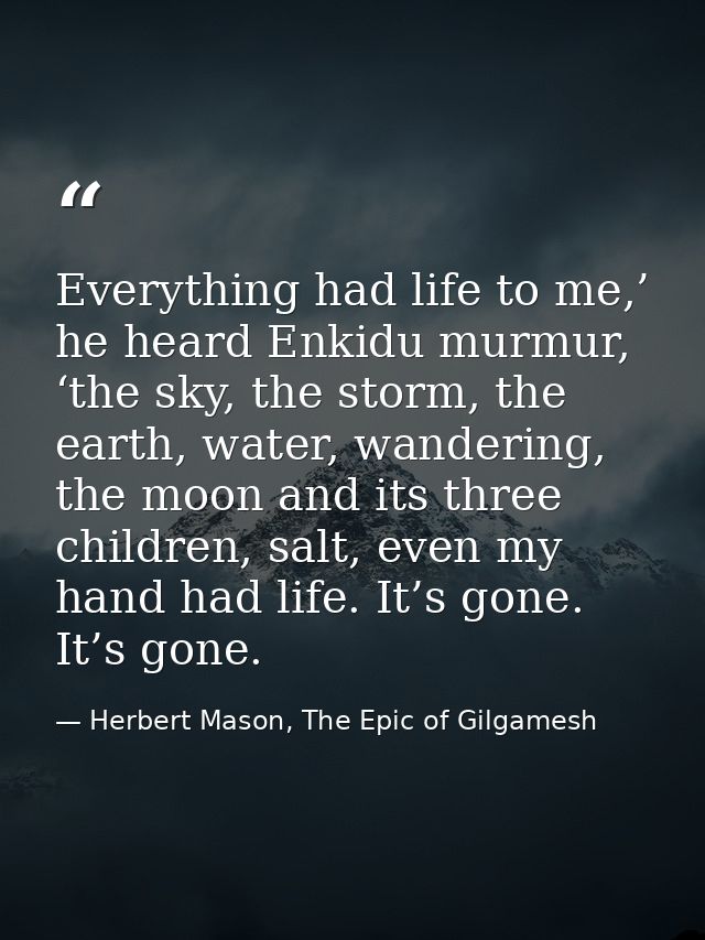Everything had life to me,’ he heard Enkidu murmur, ‘the sky, the storm, the earth, water, wandering, the moon and its t — Herbert Mason, The Epic of Gilgamesh
