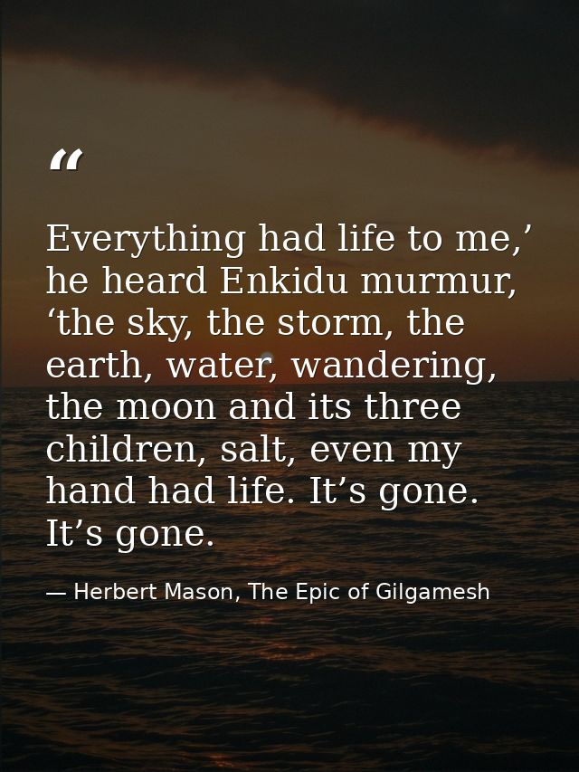 Everything had life to me,’ he heard Enkidu murmur, ‘the sky, the storm, the earth, water, wandering, the moon and its t — Herbert Mason, The Epic of Gilgamesh