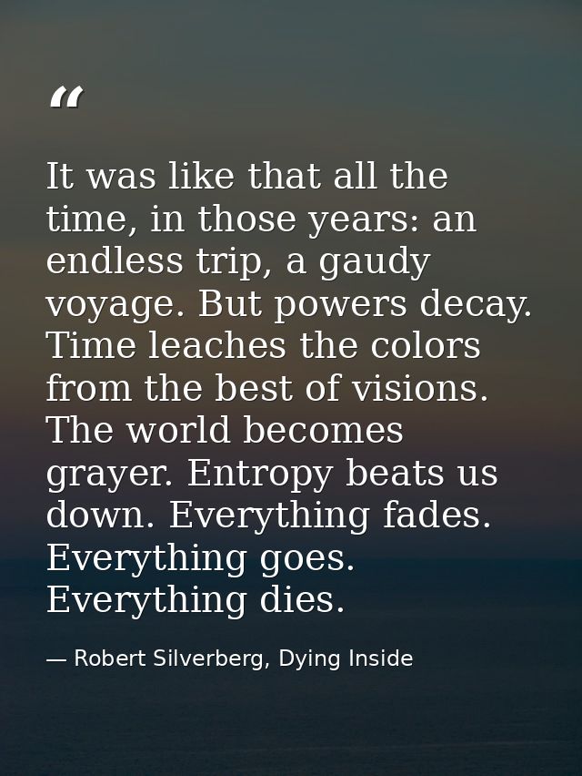 It was like that all the time, in those years: an endless trip, a gaudy voyage. But powers decay. Time leaches the color — Robert Silverberg, Dying Inside
