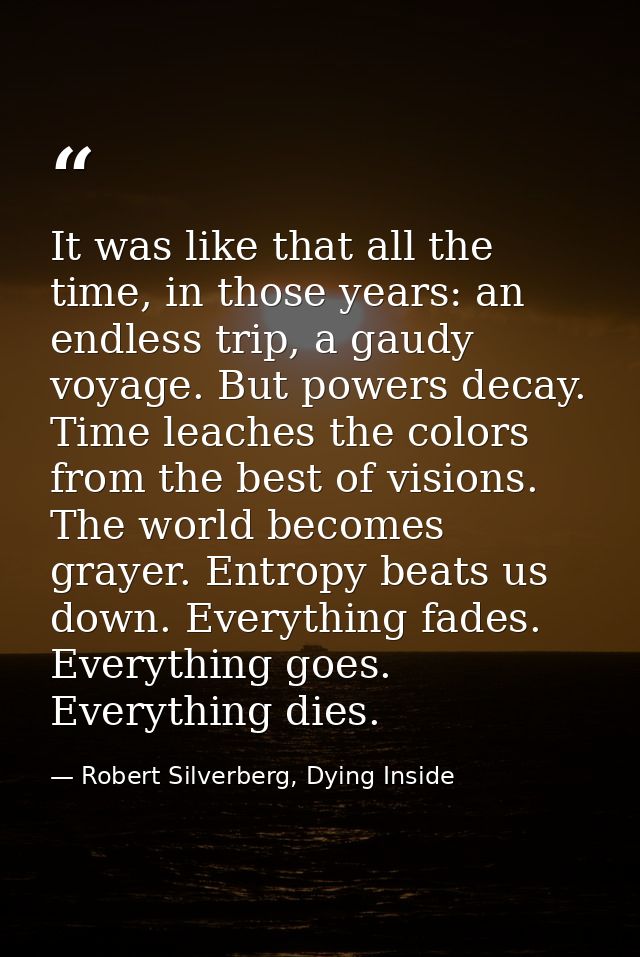 It was like that all the time, in those years: an endless trip, a gaudy voyage. But powers decay. Time leaches the color — Robert Silverberg, Dying Inside