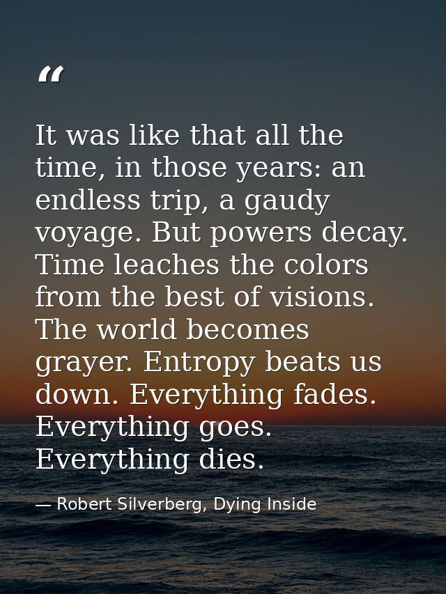 It was like that all the time, in those years: an endless trip, a gaudy voyage. But powers decay. Time leaches the color — Robert Silverberg, Dying Inside