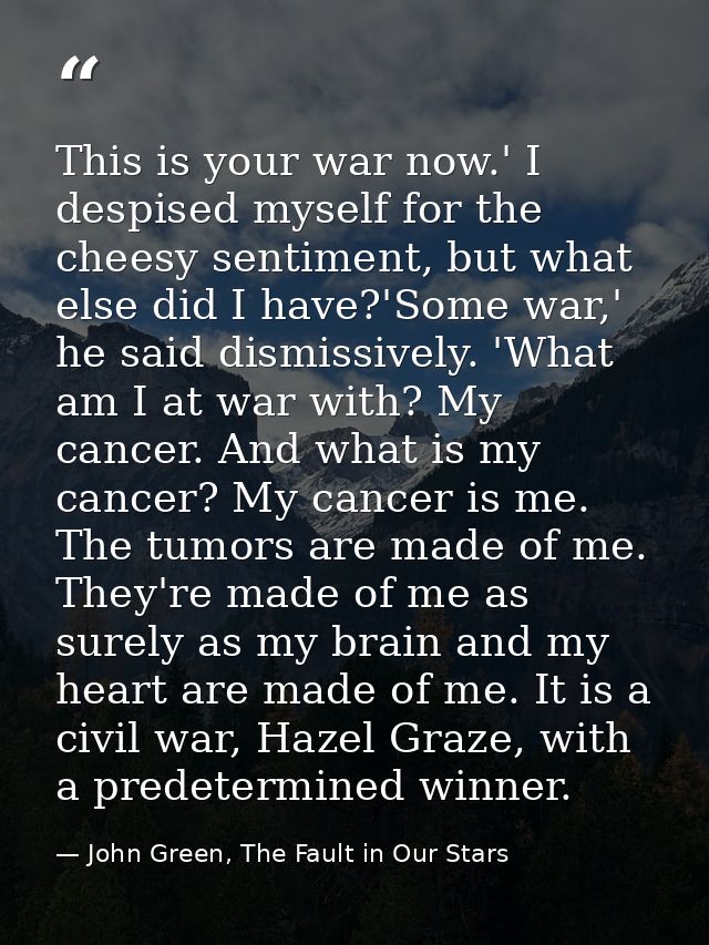 This is your war now.' I despised myself for the cheesy sentiment, but what else did I have?'Some war,' he said dismissi — John Green, The Fault in Our Stars