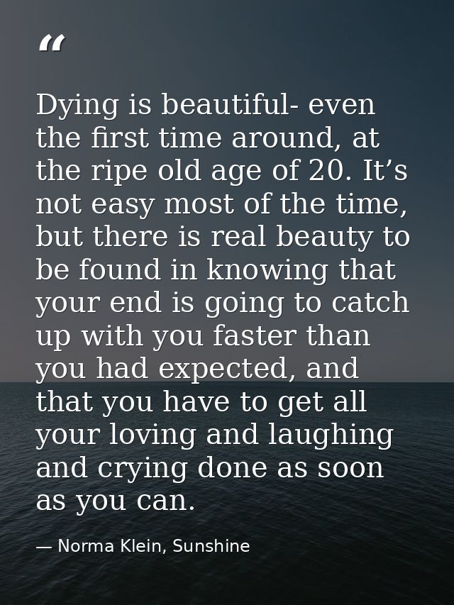 Dying is beautiful- even the first time around, at the ripe old age of 20. It’s not easy most of the time, but there is  — Norma Klein, Sunshine