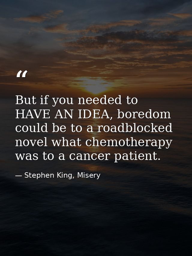 But if you needed to HAVE AN IDEA, boredom could be to a roadblocked novel what chemotherapy was to a cancer patient. — Stephen King, Misery