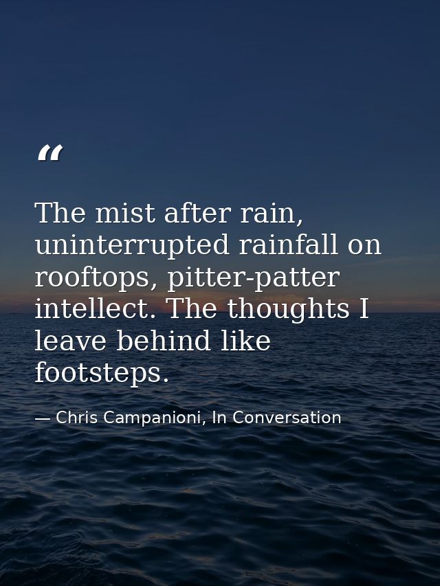The mist after rain, uninterrupted rainfall on rooftops, pitter-patter intellect. The thoughts I leave behind like foots — Chris Campanioni, In Conversation